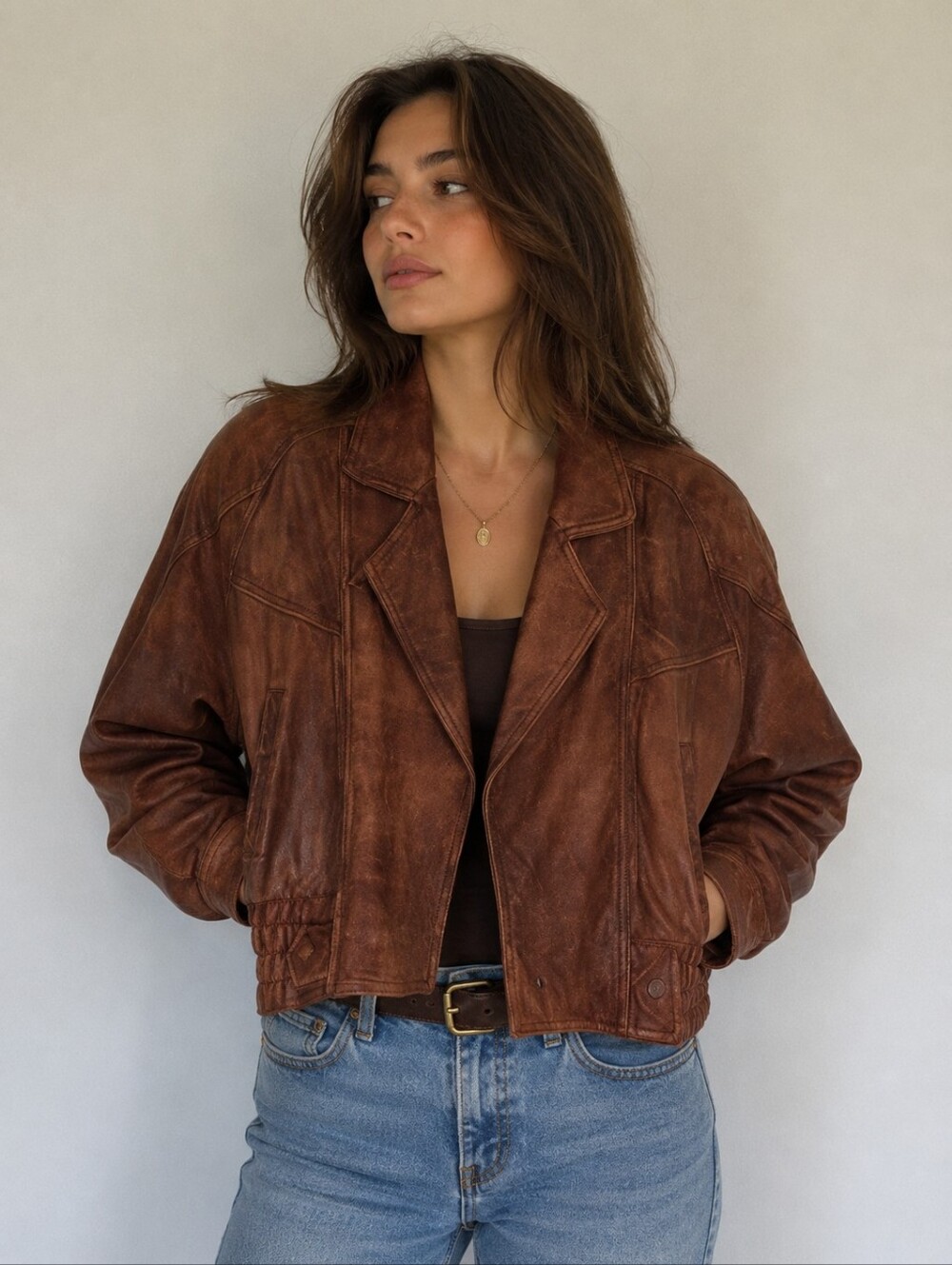 Vintage Style Brown Leather Jacket Distressed Patina Italy Buttons